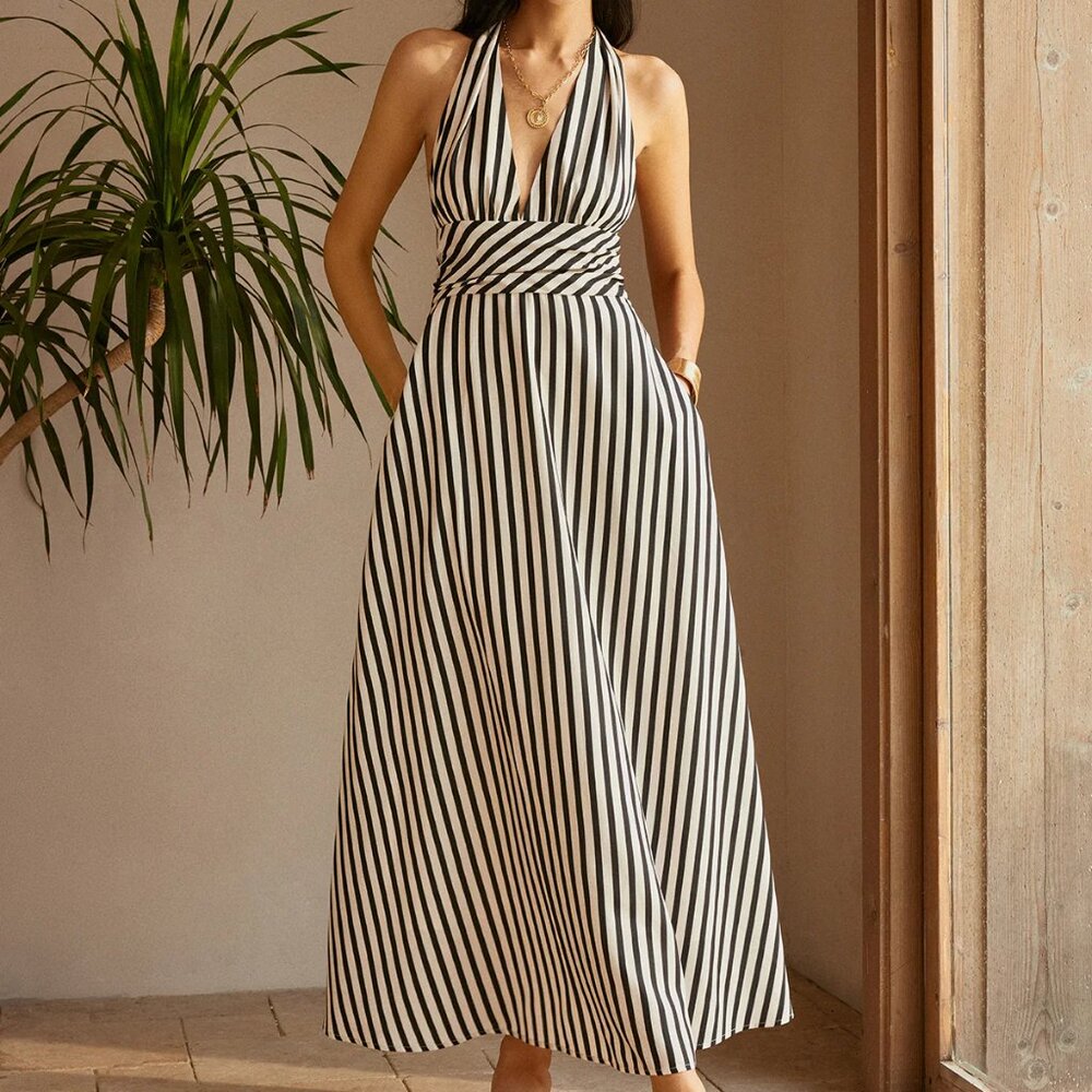 Commense Stripe Backless Pockets Dress